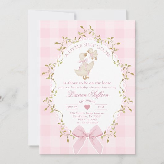 Silly Goose Whimsical Pink Bow Baby Shower 招待状 (正面)