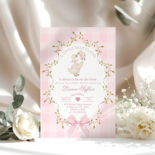 Silly Goose Whimsical Pink Bow Baby Shower 招待状