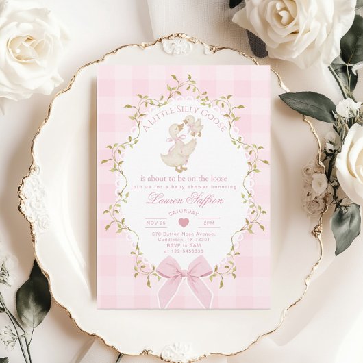 Silly Goose Whimsical Pink Bow Baby Shower 招待状