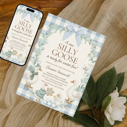 Silly Goose Winter Baby Shower Blue Gingham  招待状
