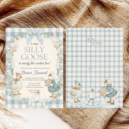 Silly Goose Winter Blue Plaid Baby Shower 招待状