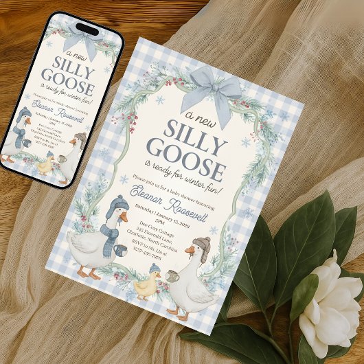 Silly Goose Winter Blue Plaid Gingham Baby Shower 招待状