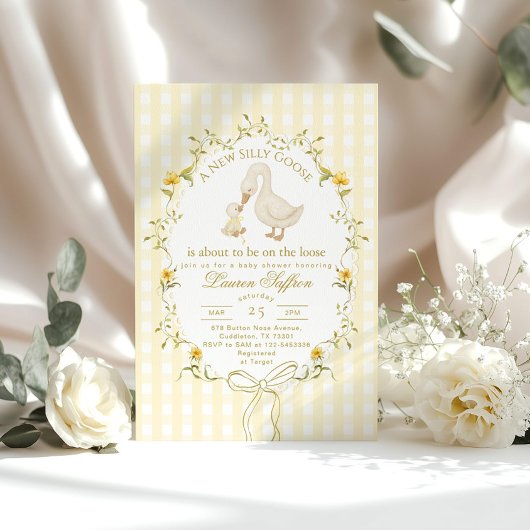 Silly Goose Yellow Gender neutral Bow Baby Shower 招待状