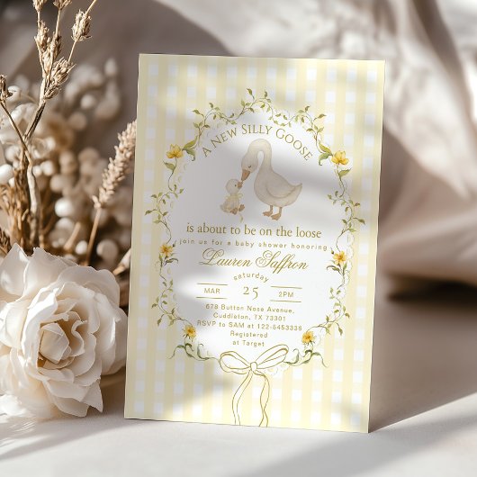 Silly Goose Yellow Gender neutral Bow Baby Shower 招待状