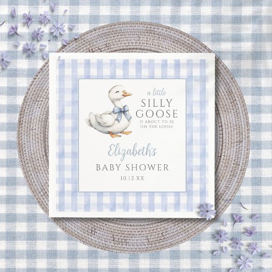 Silly Little Goose Blue Gingham Baby Shower スタンダードカクテルナプキン