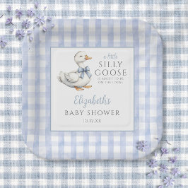 Silly Little Goose Blue Gingham Baby Shower ペーパープレート