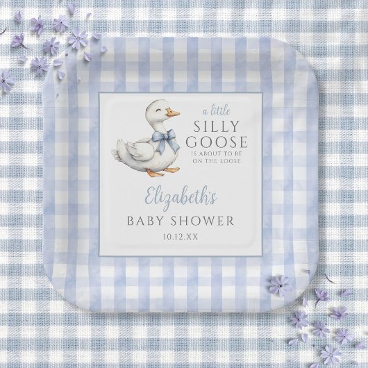 Silly Little Goose Blue Gingham Baby Shower ペーパープレート