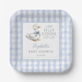 Silly Little Goose Blue Gingham Baby Shower ペーパープレート (正面)