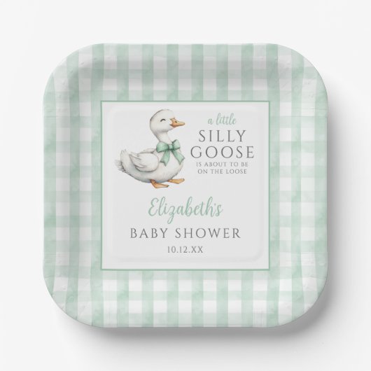 Silly Little Goose Green Gingham Baby Shower ペーパープレート (正面)