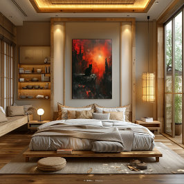 Silueta de Gato Ardiente: Atardecer Surrealista ポスター