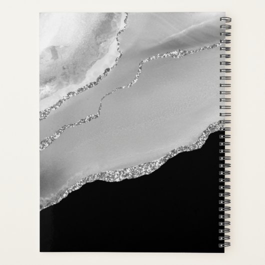 Silver Agate & Glitter, Name & Text Line on Black プランナー手帳 (裏面)