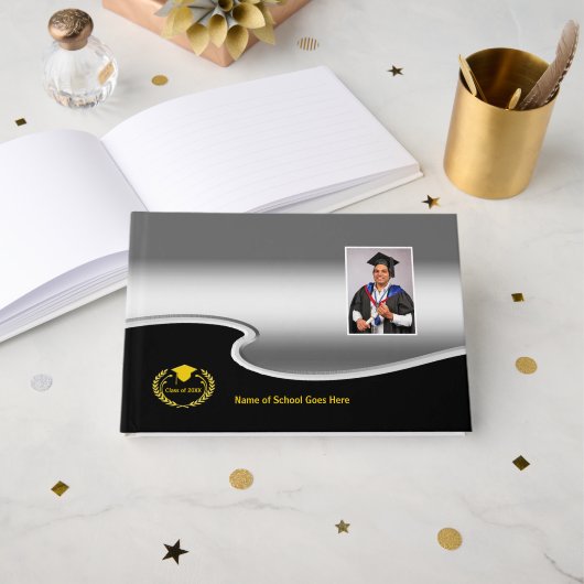 Silver and Black design Photo Gold Text ゲストブック (正面見開き)