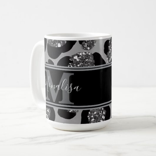 silver and black glittery monogramed personalized コーヒーマグカップ (正面左)