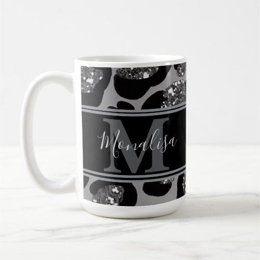 silver and black glittery monogramed personalized コーヒーマグカップ (左)