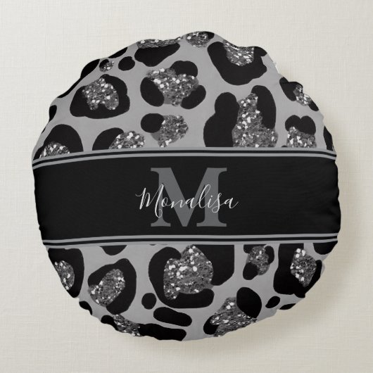 silver and black glittery monogramed personalized ラウンドクッション (裏面)