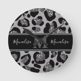 silver and black glittery monogramed personalized ラウンド壁時計