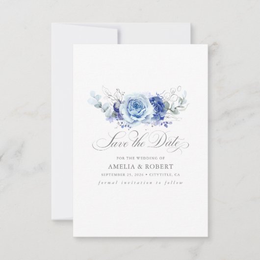 Silver and Dusty Blue Floral Save the Date セーブザデート (正面)