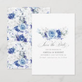 Silver and Dusty Blue Floral Save the Date セーブザデート (正面/裏面)