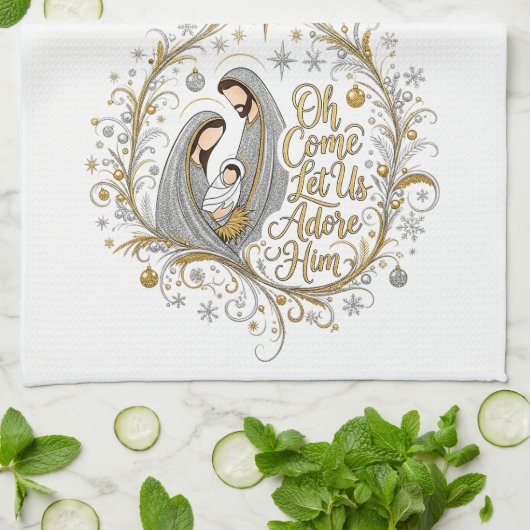 Silver and gold nativity Christmas キッチンタオル (折り畳み)