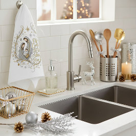 Silver and gold nativity Christmas キッチンタオル