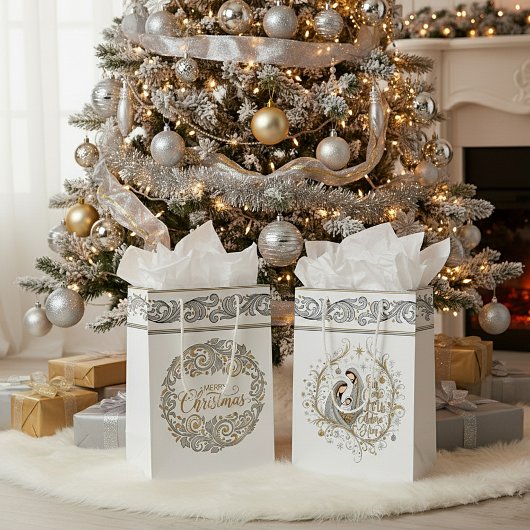 Silver and gold nativity Christmas ミディアムペーパーバッグ