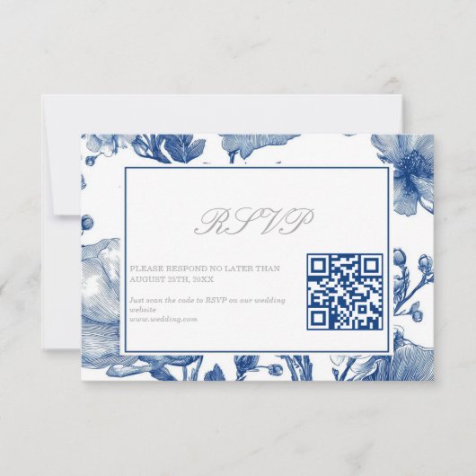 Silver And Navy Blue Wedding QR code RSVP Card (正面)