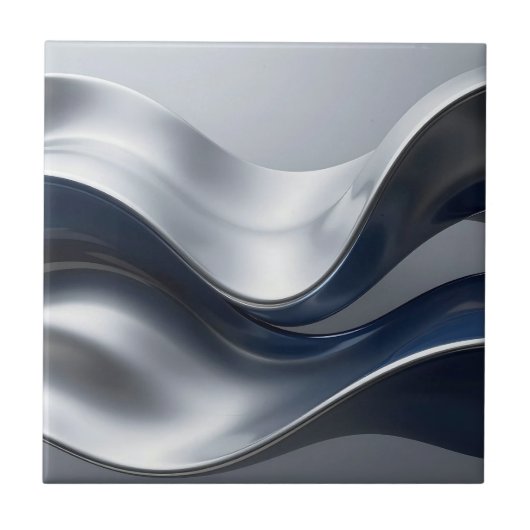 Silver And Navy Fluid Waves Abstract Modern Design タイル (正面)