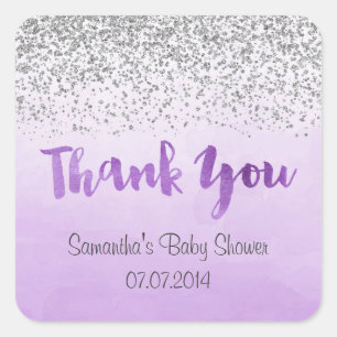Silver and Purple Thank You Stickers スクエアシール