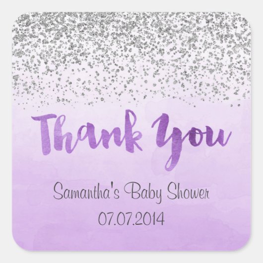 Silver and Purple Thank You Stickers スクエアシール (正面)