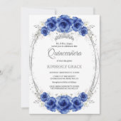 Silver and Royal Blue Roses Elegant Quinceanera  招待状 (正面)