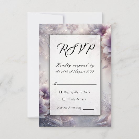 Silver and Soft Amethyst Winter Blooms Wedding 出欠カード (正面)