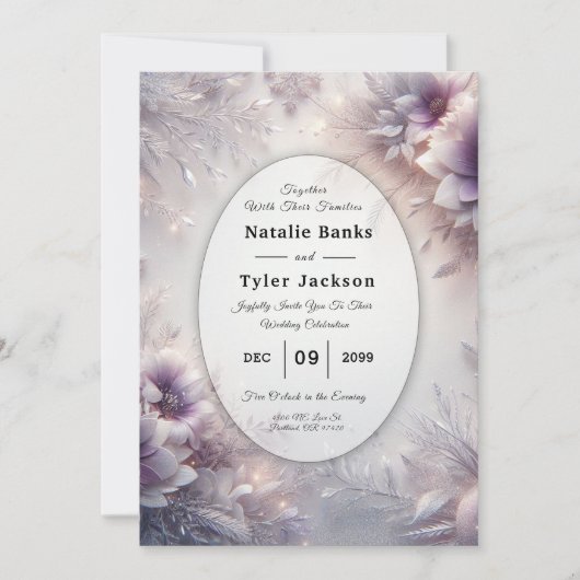 Silver and Soft Amethyst Winter Blooms Wedding 招待状 (正面)