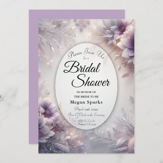 Silver and Soft Amethyst Winter Bridal Shower 招待状 (正面/裏面)
