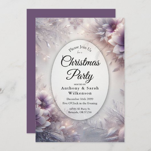 Silver and Soft Amethyst Winter Christmas Party 招待状 (正面/裏面)