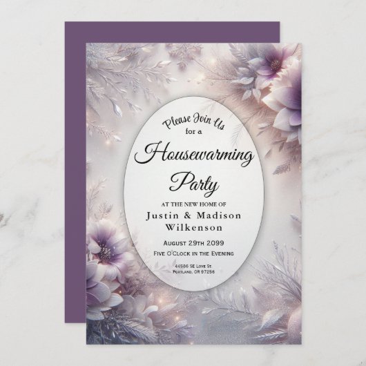 Silver and Soft Amethyst Winter Housewarming Party 招待状 (正面/裏面)