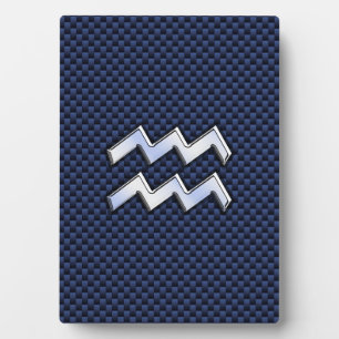 Silver Aquarius Sign on Navy Blue Carbon Fiber Art フォトプラーク