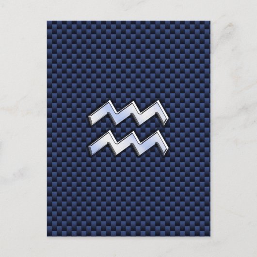 Silver Aquarius Sign on Navy Blue Carbon Fiber Art ポストカード (正面)