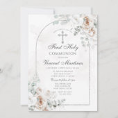 Silver Arch White Boho Floral First Holy Communion 招待状 (正面)