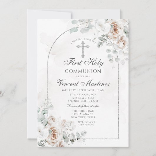 Silver Arch White Boho Floral First Holy Communion 招待状 (正面)