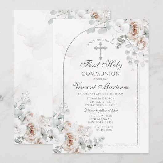Silver Arch White Boho Floral First Holy Communion 招待状 (正面/裏面)
