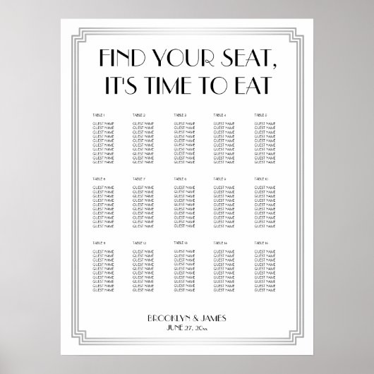 Silver Art Deco Wedding Seating Chart Poster ポスター (正面)
