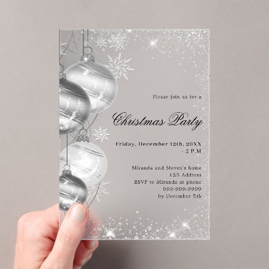 silver baubles frosted Christmas Party アクリル招待状 (インサイチュ (ポータブル))