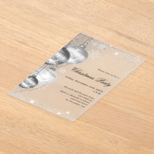 silver baubles frosted Christmas Party アクリル招待状 (レイダウン)