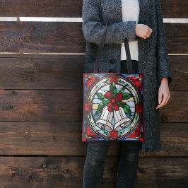 Silver Bells Red Ribbon Faux Stained Glass トートバッグ