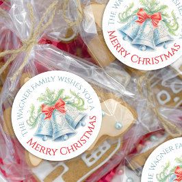 Silver bells watercolor red bow Merry Christmas ラウンドシール