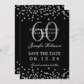 Silver Black 60th Birthday Save the Date Confetti 招待状 (正面/裏面)