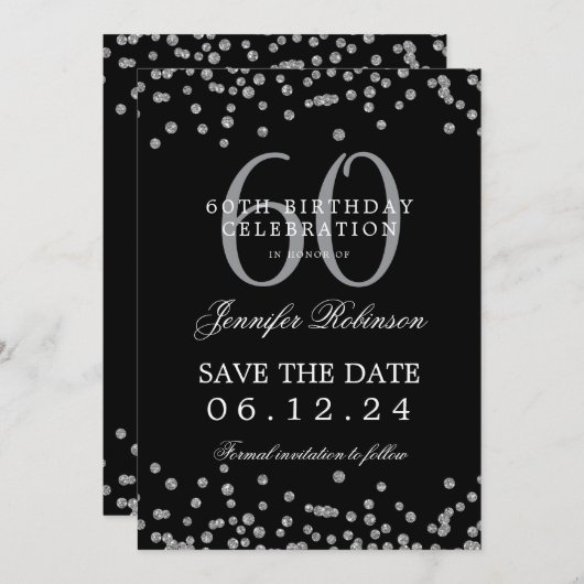 Silver Black 60th Birthday Save the Date Confetti 招待状 (正面/裏面)