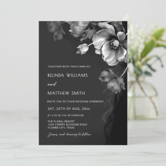 Silver Black And White Flowers Wedding Invitation 招待状 (スタンド正面)