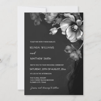 Silver Black And White Flowers Wedding Invitation 招待状