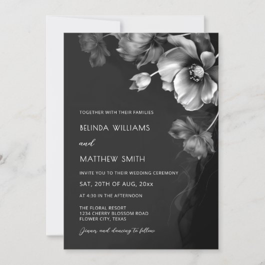 Silver Black And White Flowers Wedding Invitation 招待状 (正面)